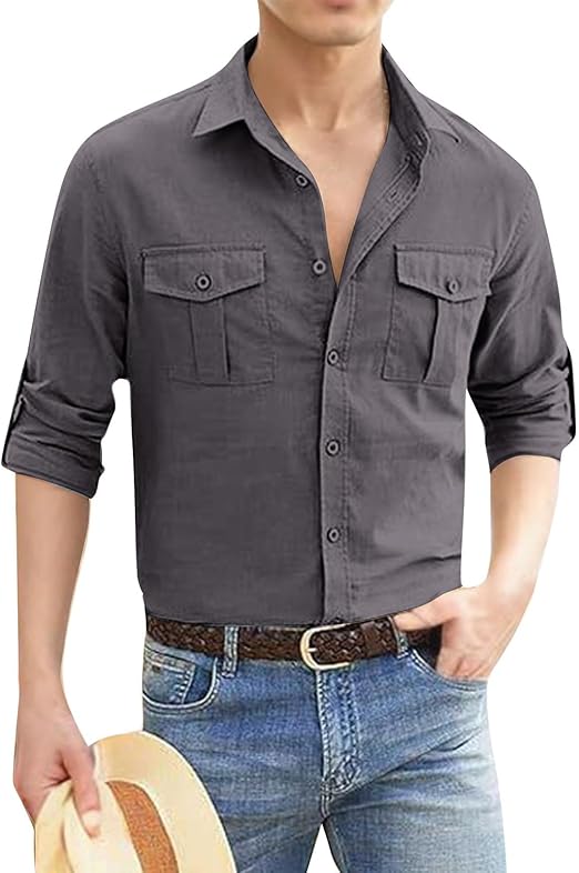 Men's Shirt Cotton Linen Button Up Shirts Casual Cowboy Long Sleeve Work Shirts Summer Yoga Tops with Pocket