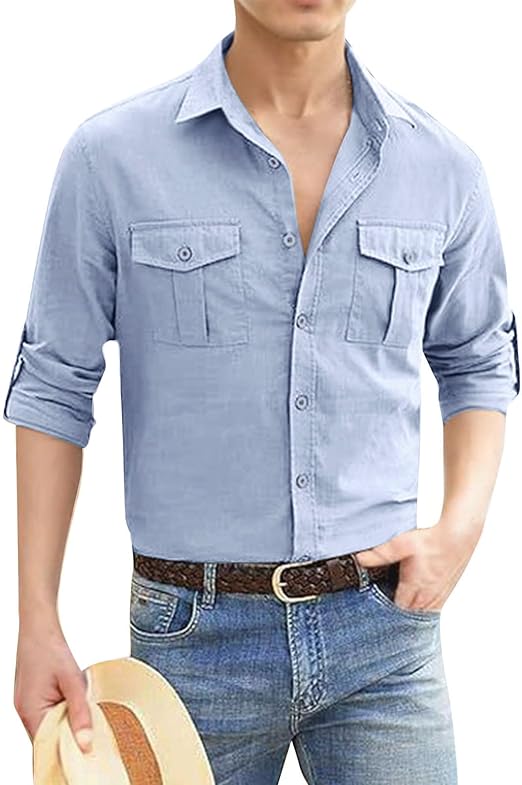 Men's Shirt Cotton Linen Button Up Shirts Casual Cowboy Long Sleeve Work Shirts Summer Yoga Tops with Pocket