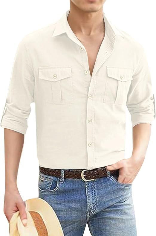 Men's Shirt Cotton Linen Button Up Shirts Casual Cowboy Long Sleeve Work Shirts Summer Yoga Tops with Pocket