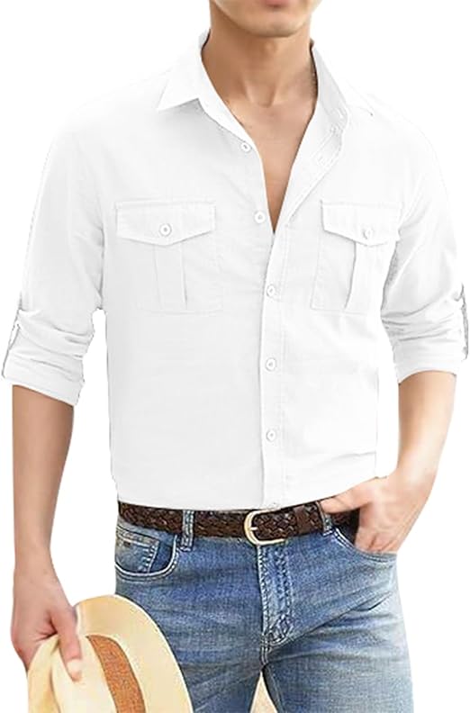 Men's Shirt Cotton Linen Button Up Shirts Casual Cowboy Long Sleeve Work Shirts Summer Yoga Tops with Pocket