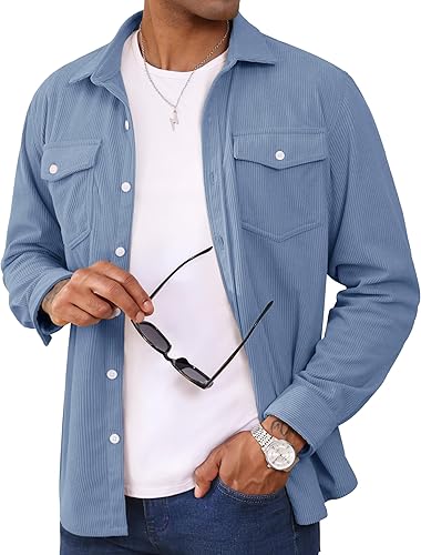 Men's Corduroy Shirt Jacket Long Sleeve Lightweight Jacket Button-Up Casual Shacket with Flap Pockets