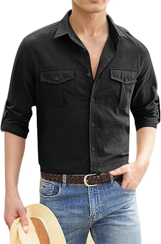 Men's Shirt Cotton Linen Button Up Shirts Casual Cowboy Long Sleeve Work Shirts Summer Yoga Tops with Pocket