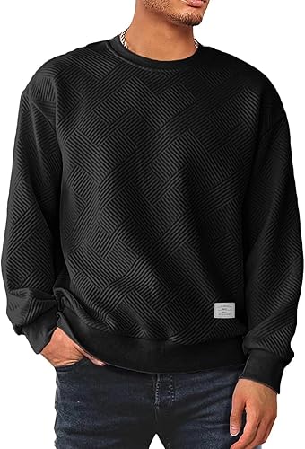 Men's Crewneck Sweatshirts Soild Color Geometric Texture Long Sleeve Casual Pullover Shirt
