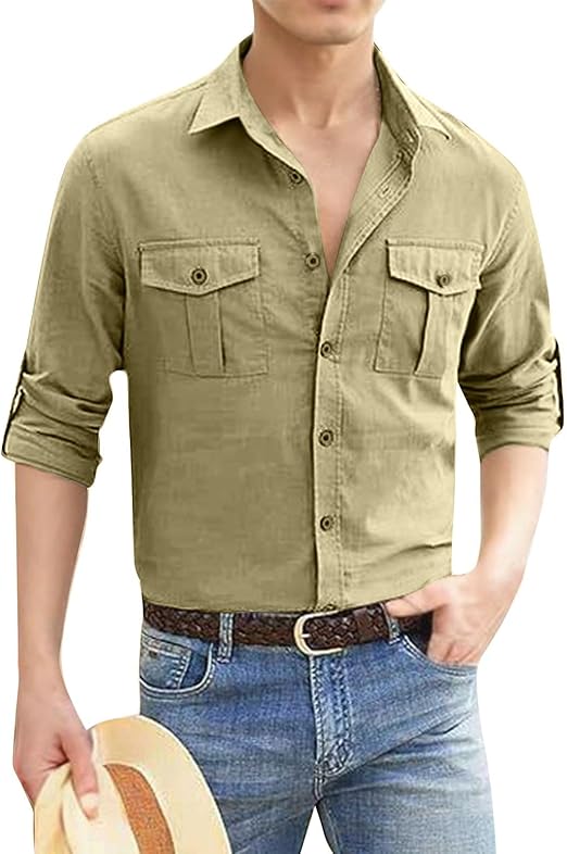 Men's Shirt Cotton Linen Button Up Shirts Casual Cowboy Long Sleeve Work Shirts Summer Yoga Tops with Pocket