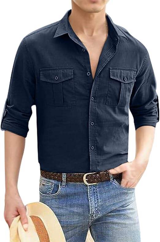 Men's Shirt Cotton Linen Button Up Shirts Casual Cowboy Long Sleeve Work Shirts Summer Yoga Tops with Pocket