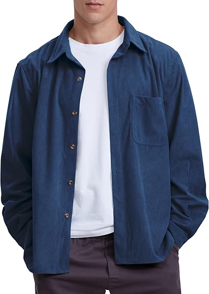 Men's Casual Corduroy Shirt Loose Button Down Corduroy Shacket Jacket