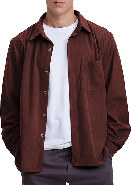 Men's Casual Corduroy Shirt Loose Button Down Corduroy Shacket Jacket