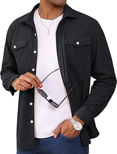 Men's Corduroy Shirt Jacket Long Sleeve Lightweight Jacket Button-Up Casual Shacket with Flap Pockets