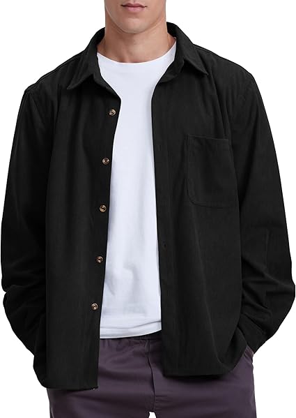 Men's Casual Corduroy Shirt Loose Button Down Corduroy Shacket Jacket