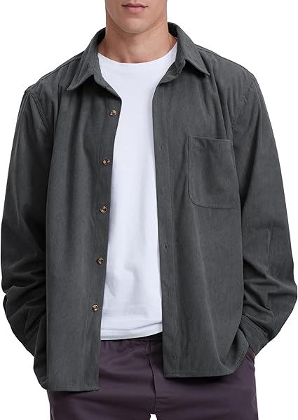 Men's Casual Corduroy Shirt Loose Button Down Corduroy Shacket Jacket