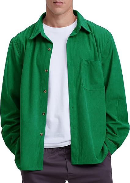 Men's Casual Corduroy Shirt Loose Button Down Corduroy Shacket Jacket