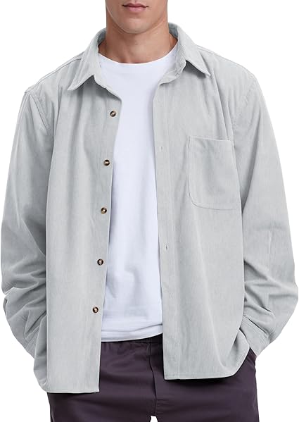 Men's Casual Corduroy Shirt Loose Button Down Corduroy Shacket Jacket