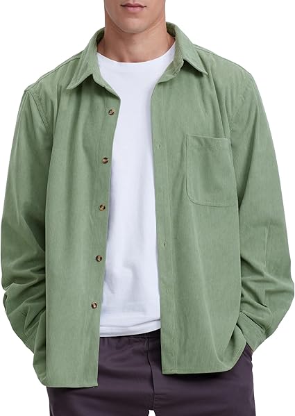 Men's Casual Corduroy Shirt Loose Button Down Corduroy Shacket Jacket
