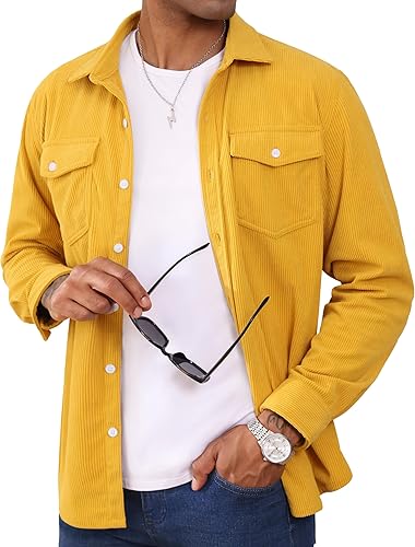 Men's Corduroy Shirt Jacket Long Sleeve Lightweight Jacket Button-Up Casual Shacket with Flap Pockets