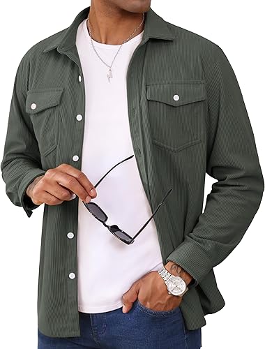 Men's Corduroy Shirt Jacket Long Sleeve Lightweight Jacket Button-Up Casual Shacket with Flap Pockets