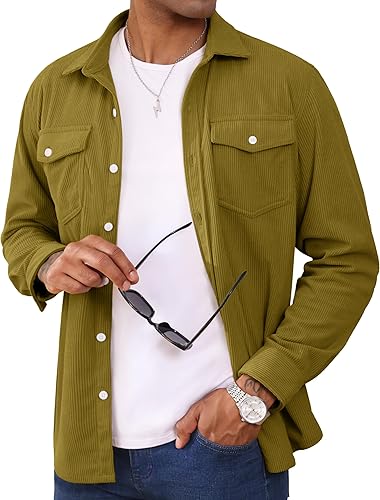 Men's Corduroy Shirt Jacket Long Sleeve Lightweight Jacket Button-Up Casual Shacket with Flap Pockets