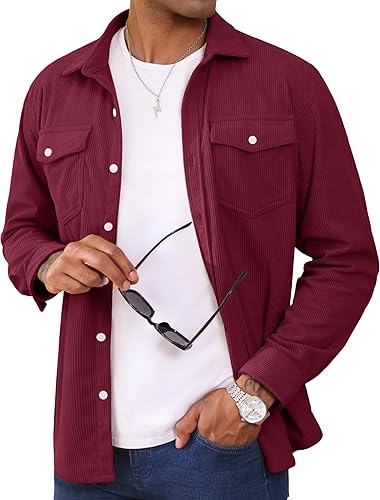 Men's Corduroy Shirt Jacket Long Sleeve Lightweight Jacket Button-Up Casual Shacket with Flap Pockets