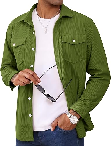 Men's Corduroy Shirt Jacket Long Sleeve Lightweight Jacket Button-Up Casual Shacket with Flap Pockets