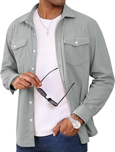 Men's Corduroy Shirt Jacket Long Sleeve Lightweight Jacket Button-Up Casual Shacket with Flap Pockets